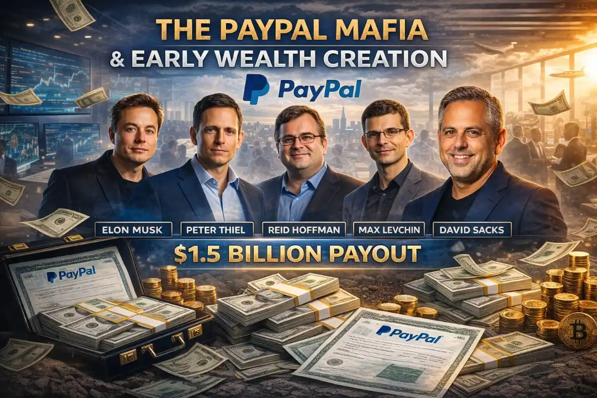 David Sacks net worth origins — illustrated graphic of PayPal Mafia members Elon Musk, Peter Thiel, Reid Hoffman, Max Levchin, and David Sacks posing together with the PayPal logo and a $1.5 billion payout highlighted, surrounded by cash, gold coins, and PayPal stock certificates