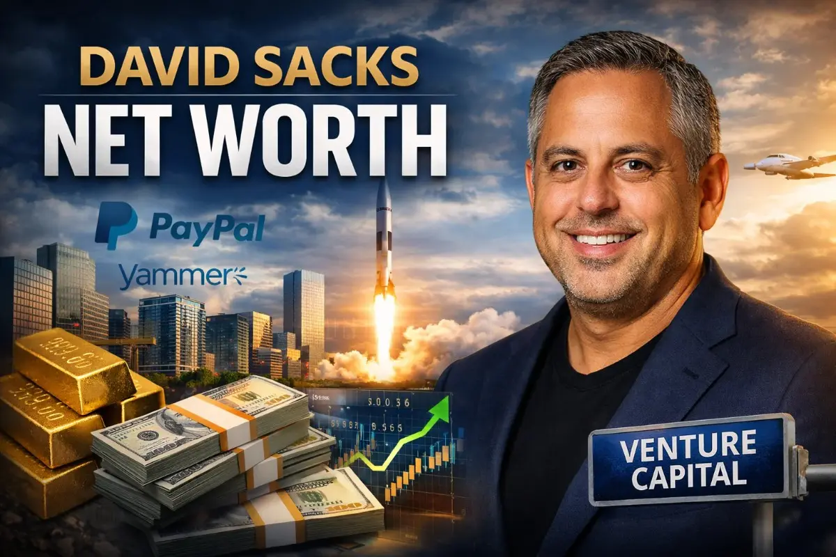 David Sacks net worth featured image showing the PayPal Mafia entrepreneur, Yammer founder, and Craft Ventures investor surrounded by gold bars, cash, stock charts, and a rocket launch