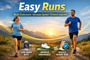 Two runners jogging on a scenic mountain trail at sunset illustrating the benefits of easy runs including low heart rate, improved endurance, and reduced injury risk