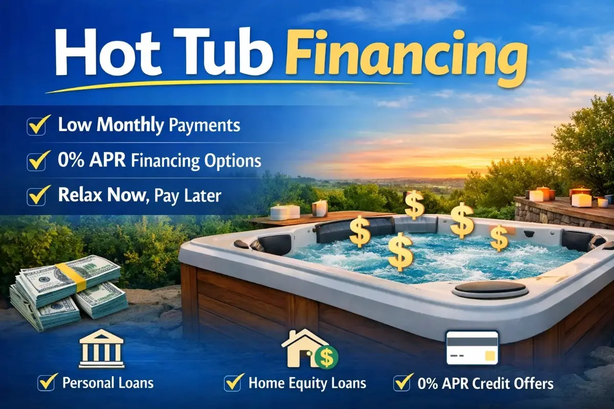 Hot tub financing infographic showing low monthly payments, 0% APR options, personal loans, home equity loans, and credit offers for outdoor spa ownership 