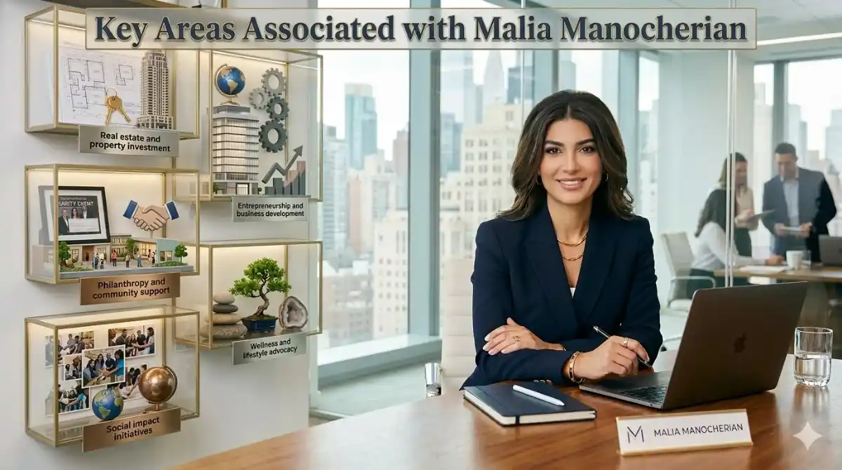 Malia Manocherian seated at her executive desk beside an infographic panel showing her five key areas of focus: real estate and property investment, entrepreneurship and business development, philanthropy and community support, wellness and lifestyle advocacy, and social impact initiatives.