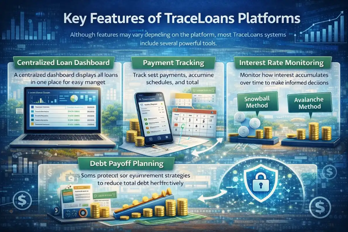 TraceLoans platform features infographic showcasing a centralized loan dashboard, payment tracking on mobile, interest rate monitoring with snowball and avalanche debt methods, and debt payoff planning tools with a security shield icon.