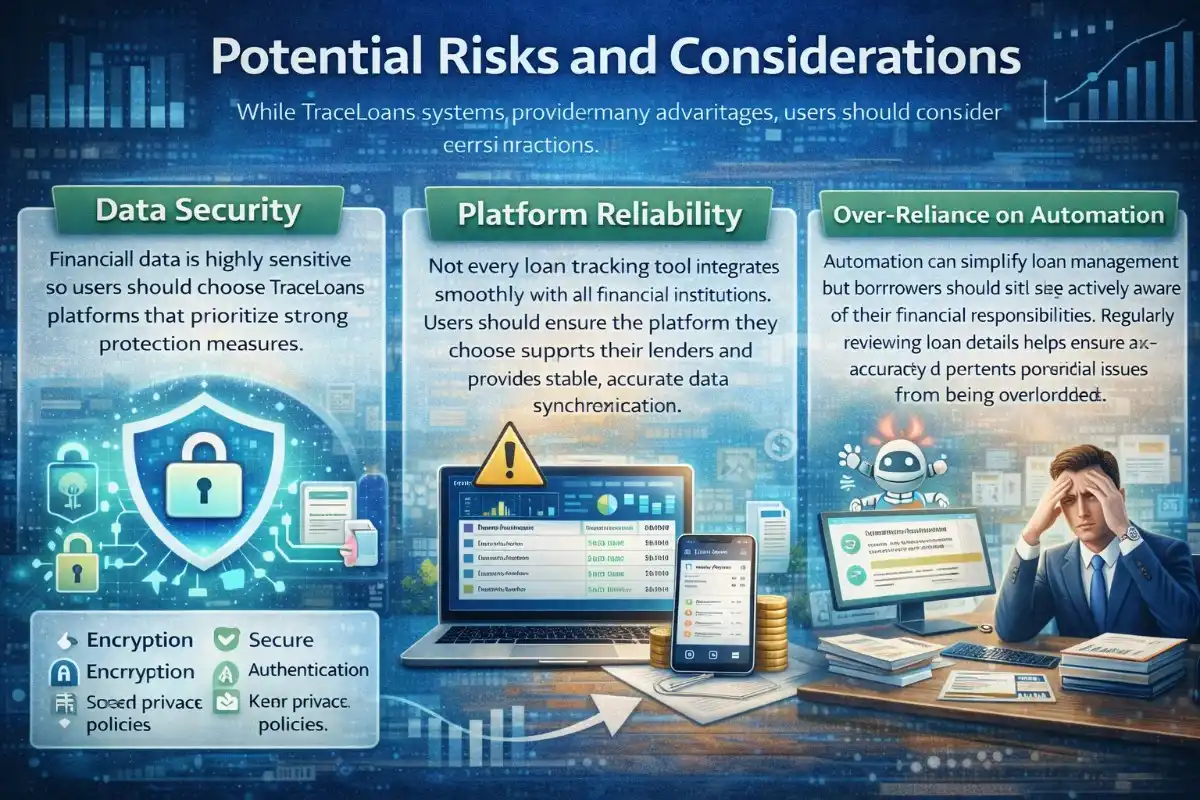 TraceLoans infographic outlining potential risks and considerations including data security with encryption and authentication, platform reliability for lender integration, and the risks of over-reliance on automation in loan management.