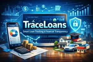 TraceLoans platform showing a loan status dashboard on a laptop and mobile app with debt overview chart, surrounded by coins, a calculator, a house, car, and graduation cap representing smart loan tracking and financial transparency.