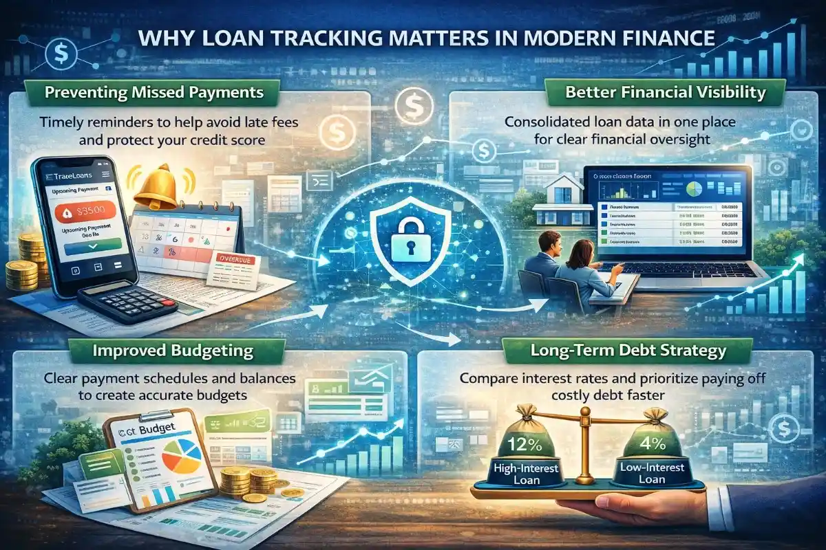 TraceLoans infographic explaining why loan tracking matters in modern finance, covering four key benefits: preventing missed payments, better financial visibility, improved budgeting, and long-term debt strategy with interest rate comparison.