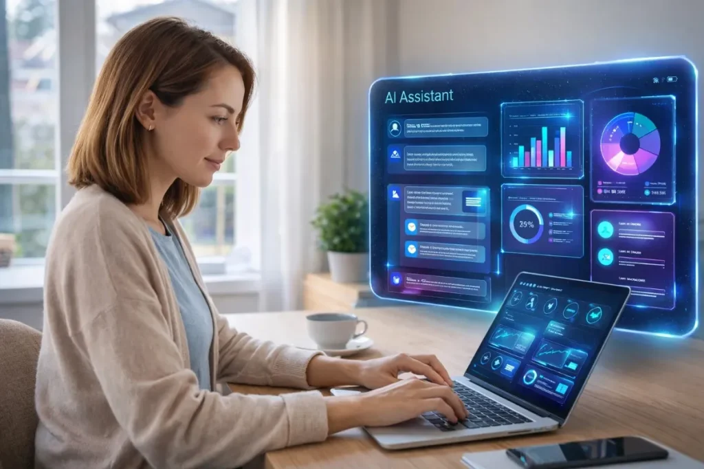 A woman sitting at a wooden desk using a laptop with a glowing holographic AI assistant dashboard displaying charts and data visualizations.