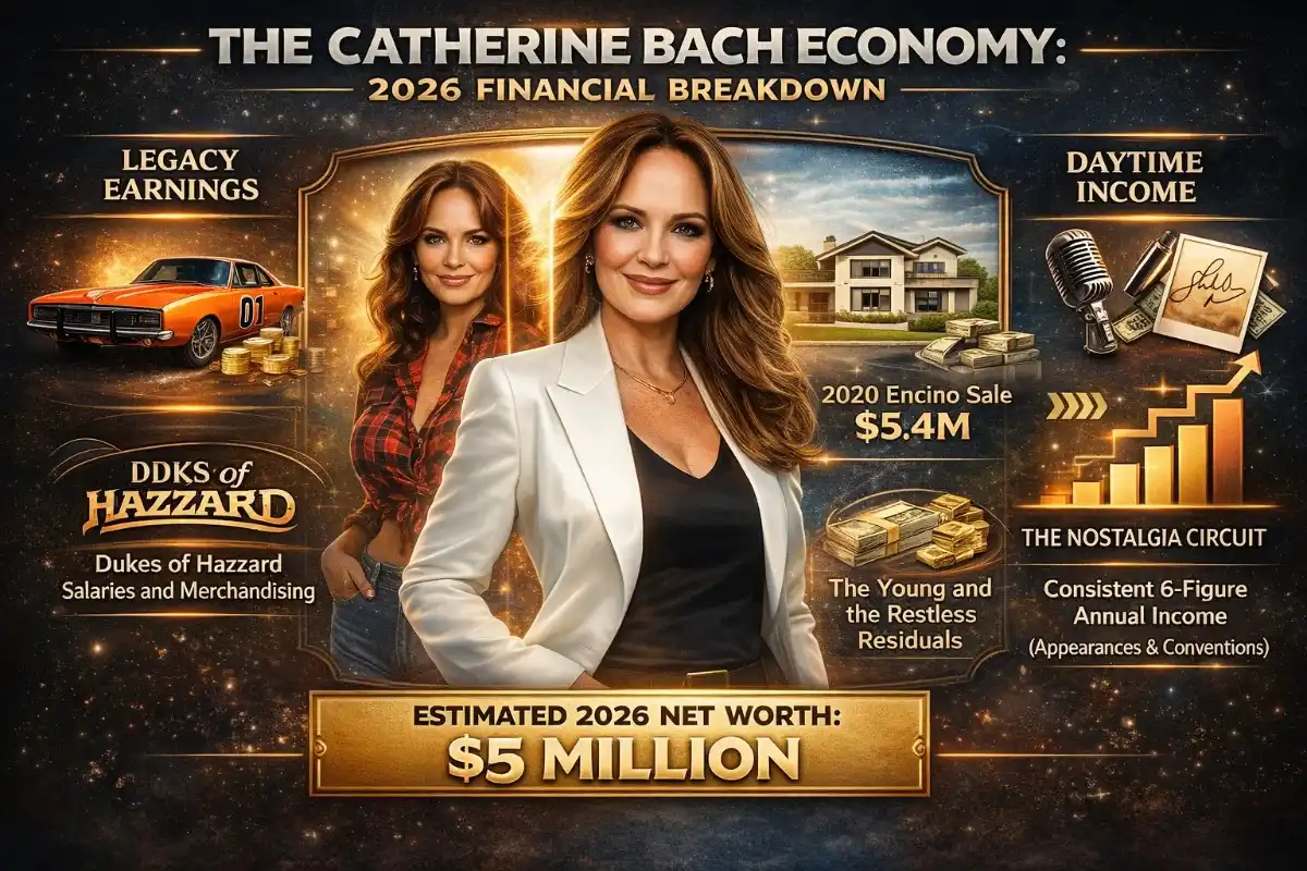 An infographic titled "The Catherine Bach Net Worth" showing an estimated 2026 net worth of $5 million. It details earnings from The Dukes of Hazzard, The Young and the Restless residuals, a $5.4 million Encino home sale, and six-figure annual income from the nostalgia convention circuit.