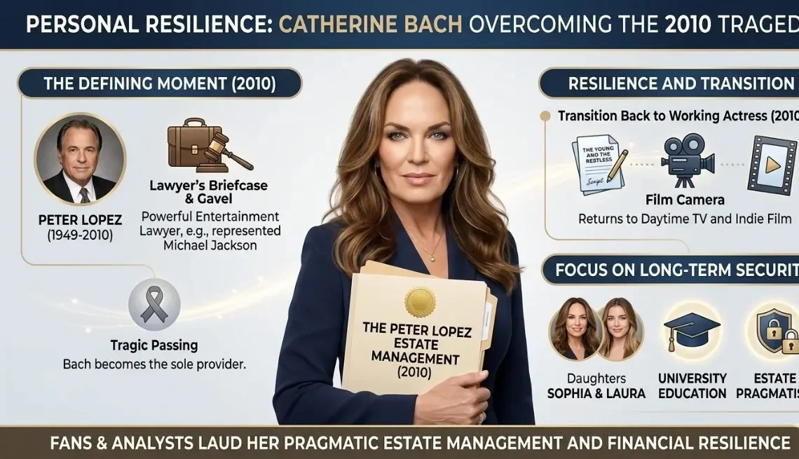An infographic titled 'Personal Resilience: Catherine Bach Overcoming the 2010 Tragedy' detailing the impact of her husband Peter Lopez's passing on her net worth and her subsequent financial management. Catherine Bach Net Worth