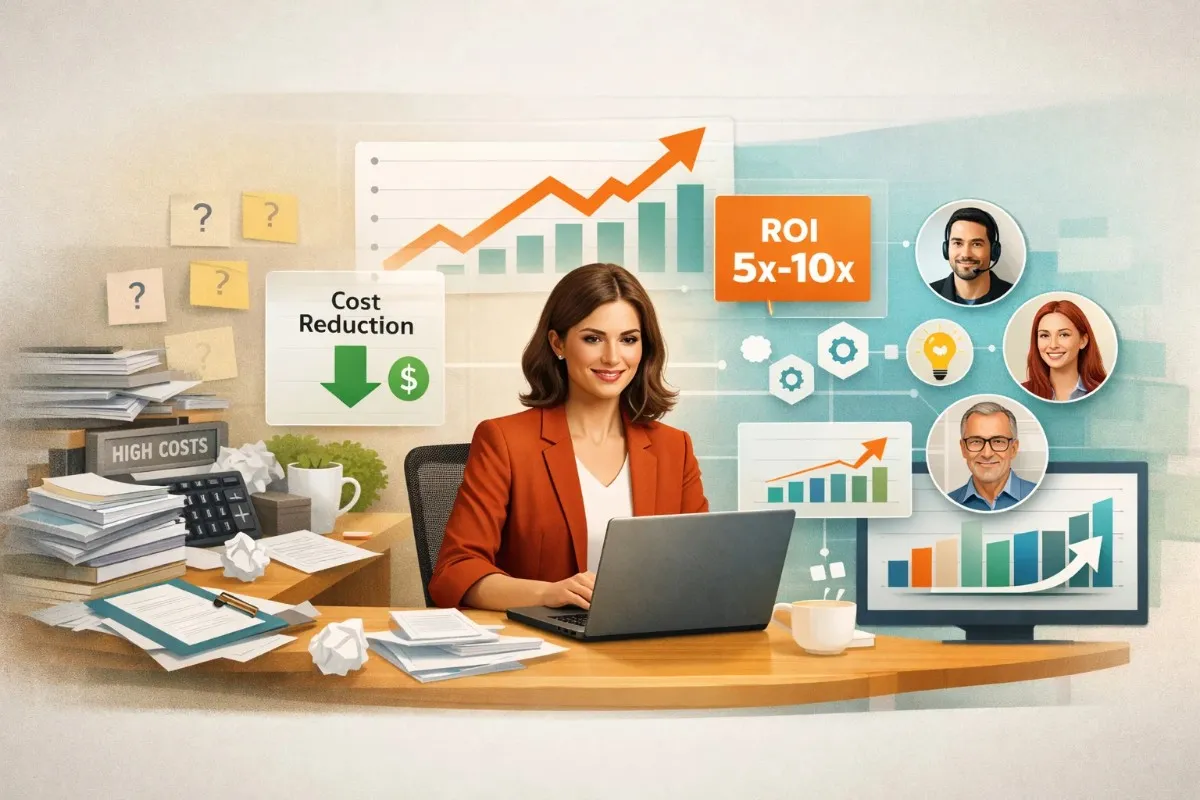 A professional woman sitting at a desk with a laptop, surrounded by graphics showing a 5x-10x ROI, cost reduction indicators, and a remote team of experts, representing fractional marketing benefits.