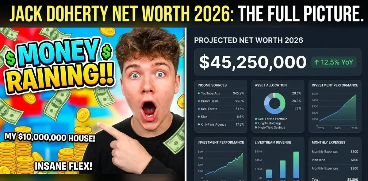 Jack Doherty net worth 2026 infographic showing projected wealth of $45.25 million with income breakdown from YouTube ads, brand deals, real estate, Kick, and OnlyFans agency