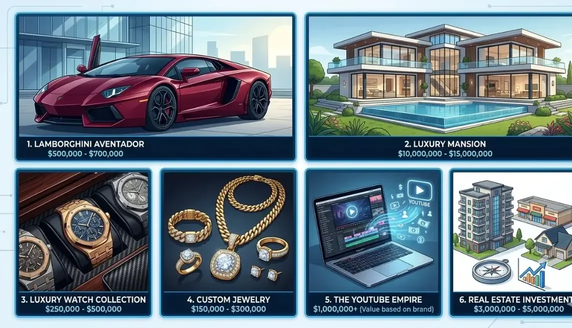 Infographic showing Jack Doherty net worth assets including a Lamborghini Aventador worth $500K–$700K, luxury mansion valued at $10M–$15M, watch collection, custom jewelry, YouTube empire, and real estate investments worth $3M–$5M
