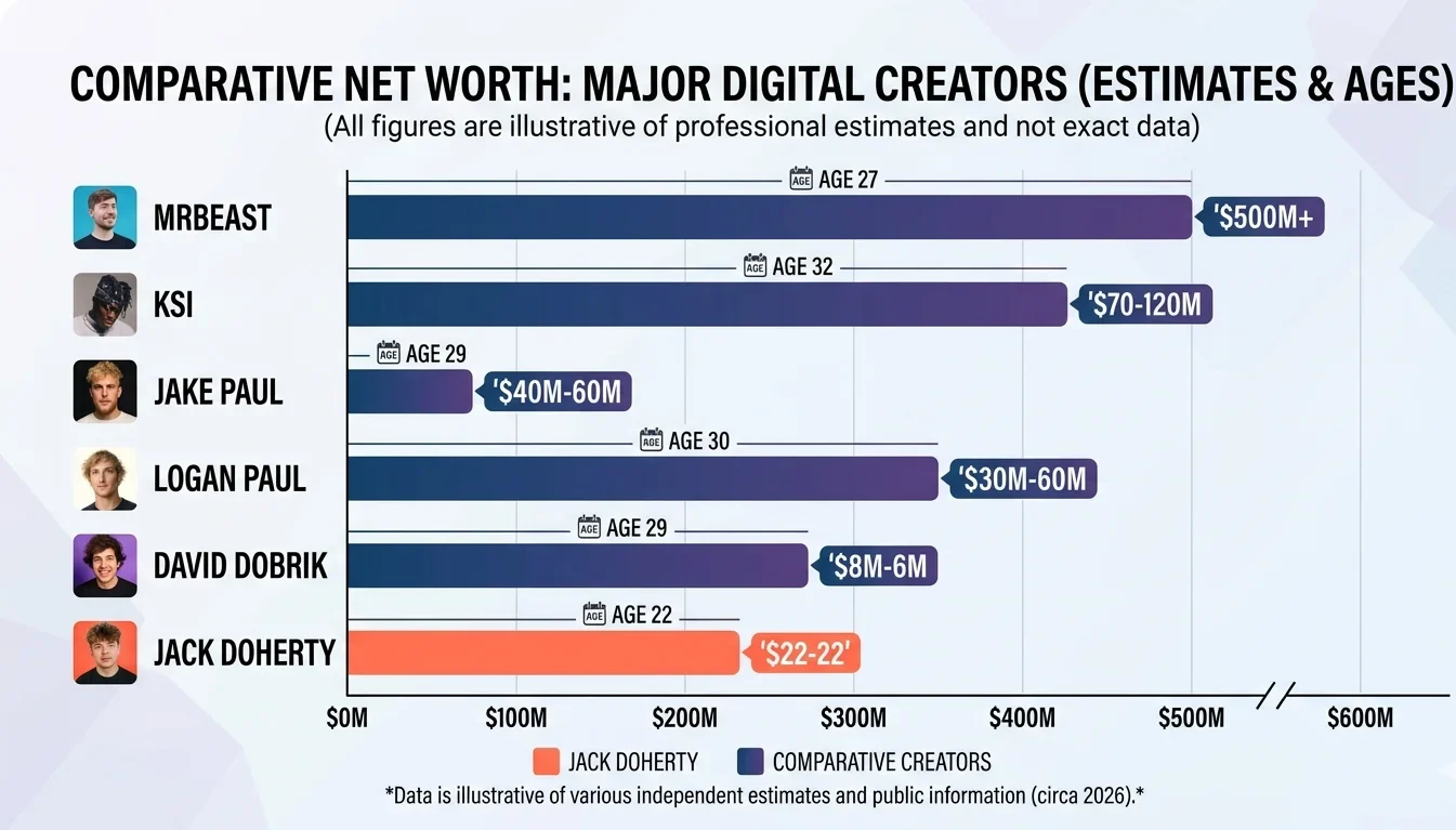 Bar chart comparing Jack Doherty net worth at age 22 against major digital creators including MrBeast at $500M+, KSI at $70–120M, Jake Paul at $40–60M, Logan Paul at $30–60M, and David Dobrik at $8–6M