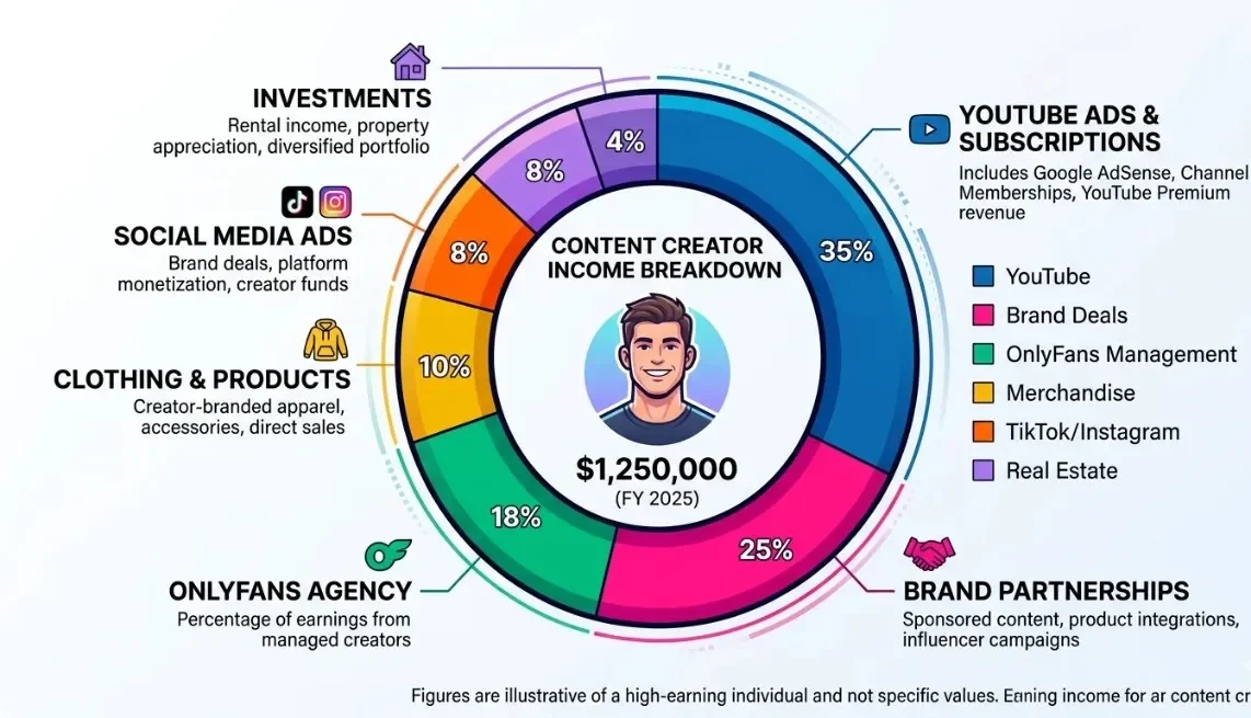 Donut chart breaking down Jack Doherty net worth income sources including YouTube ads at 35%, brand partnerships at 25%, OnlyFans agency at 18%, merchandise at 10%, social media ads at 8%, investments at 4%, and real estate at 8%