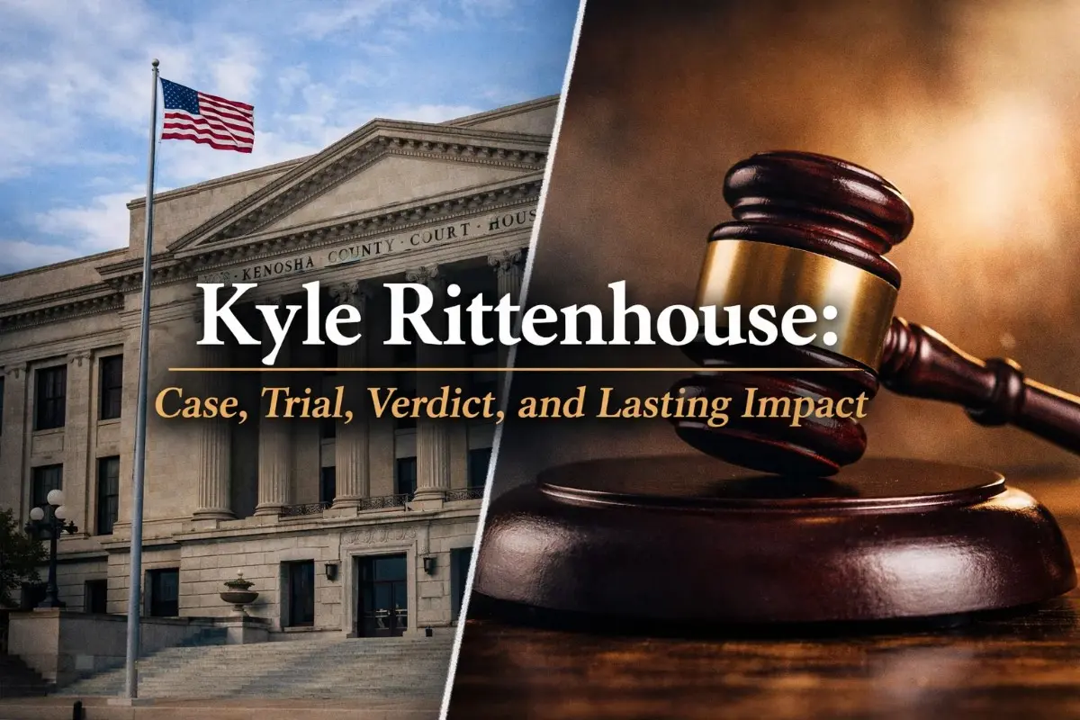 Split image of Kenosha County Courthouse with an American flag and a judge's gavel representing the Kyle Rittenhouse case, trial, verdict, and lasting legal impact