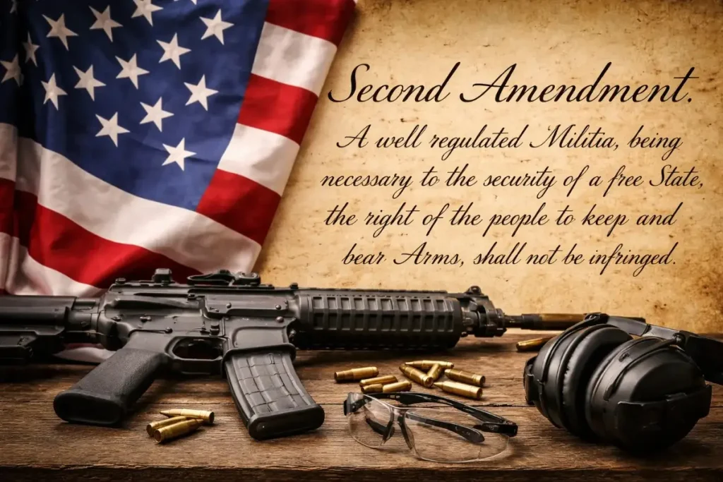 Second Amendment text on aged parchment with an AR-15 rifle, ammunition, safety glasses, and hearing protection in front of an American flag, relevant to the Kyle Rittenhouse self-defense case