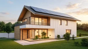 A modern home exterior showcasing a sloped roof design that influences high-vaulted mobile home ceiling structures for better energy efficiency and natural lighting.