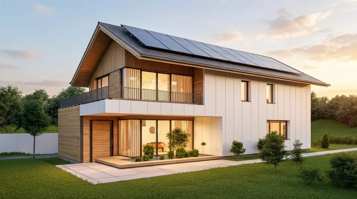 A modern home exterior showcasing a sloped roof design that influences high-vaulted mobile home ceiling structures for better energy efficiency and natural lighting.