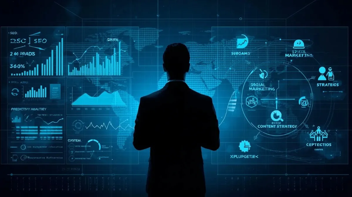 A silhouette of a business strategist viewing a glowing blue digital dashboard representing the PedroVazPaulo Marketing Consulting ecosystem with data analytics and SEO metrics.