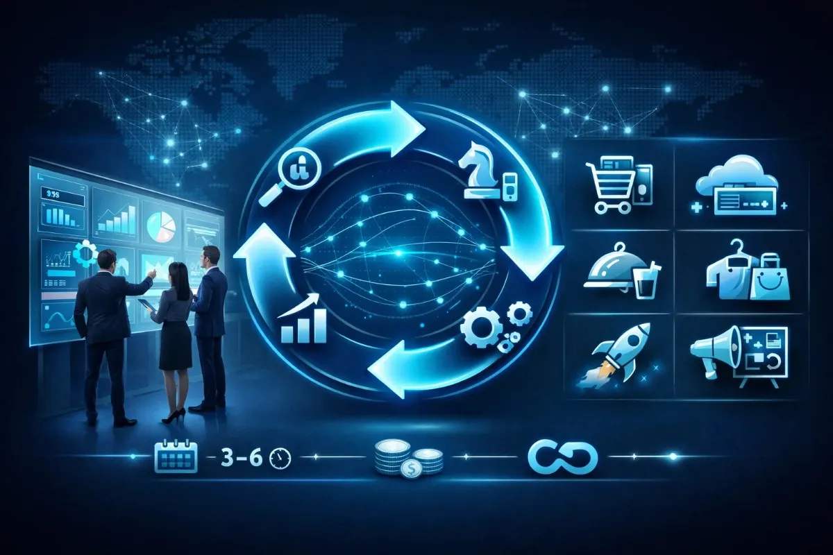A group of business professionals analyzing data on a large screen with a central glowing blue process loop, representing integrated strategies by PedroVazPaulo Marketing Consulting.