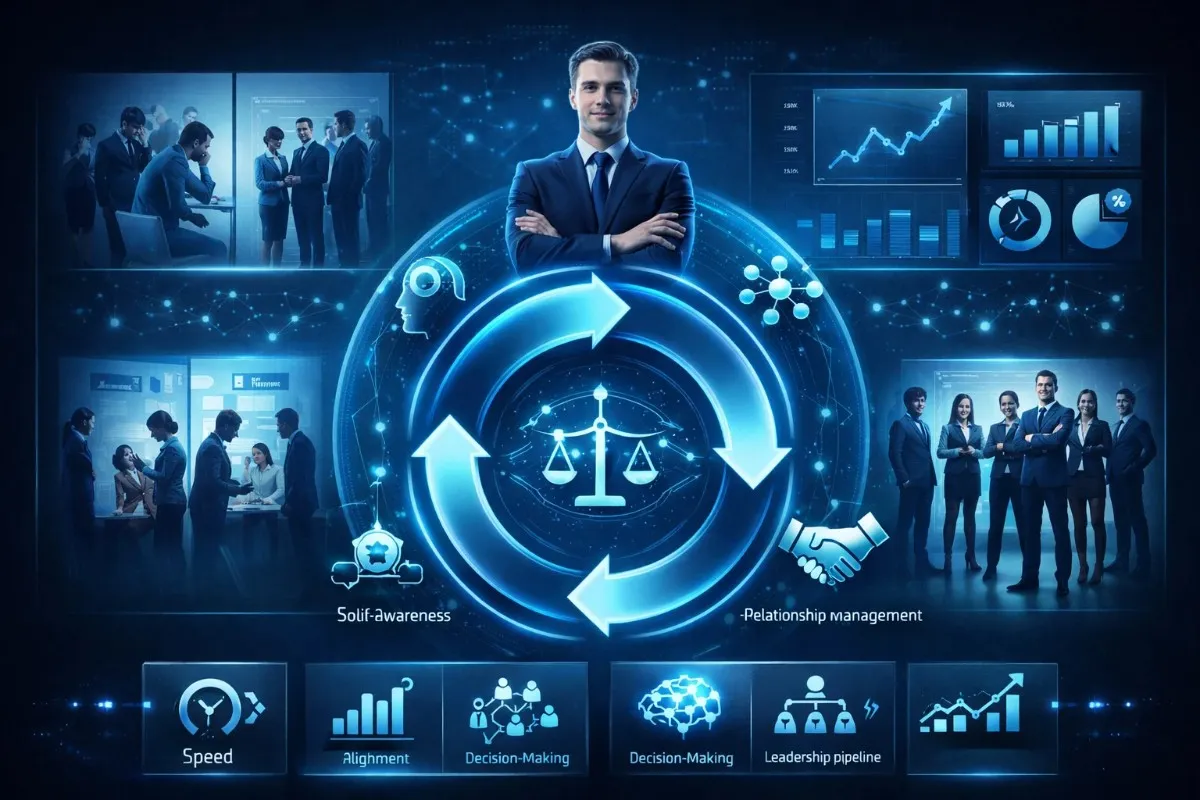 An interactive business diagram showcasing leadership principles including decision-making and relationship management, supported by PedroVazPaulo Marketing Consulting.