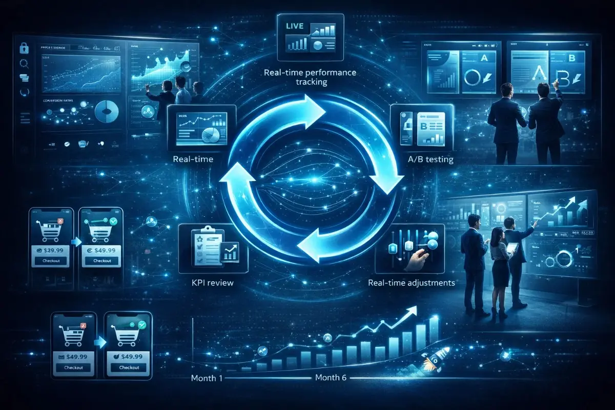 An interactive business ecosystem visualization showing continuous cycles of real-time performance tracking, A/B testing, and KPI reviews provided by PedroVazPaulo Marketing Consulting.