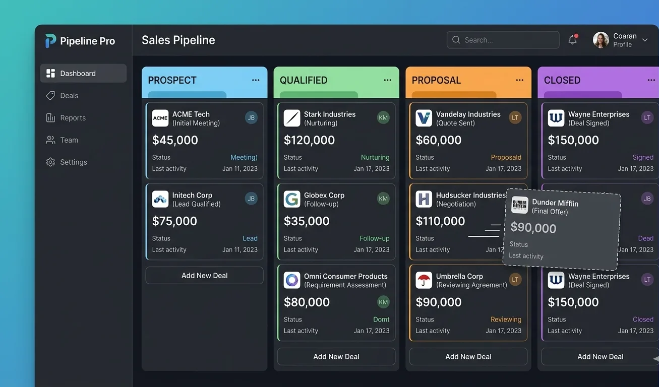 Pipeline Pro dashboard showing visual sales pipeline with deal stages and lead tracking
