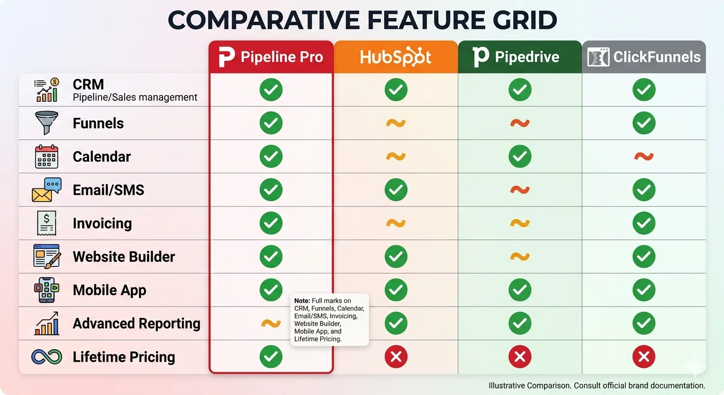 Pipeline Pro feature comparison with HubSpot, Pipedrive and ClickFunnels