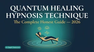 A visual representation of a Quantum Healing Hypnosis Technique session showing a person in a deep trance state connecting with their higher self through a portal of cosmic light and stars.