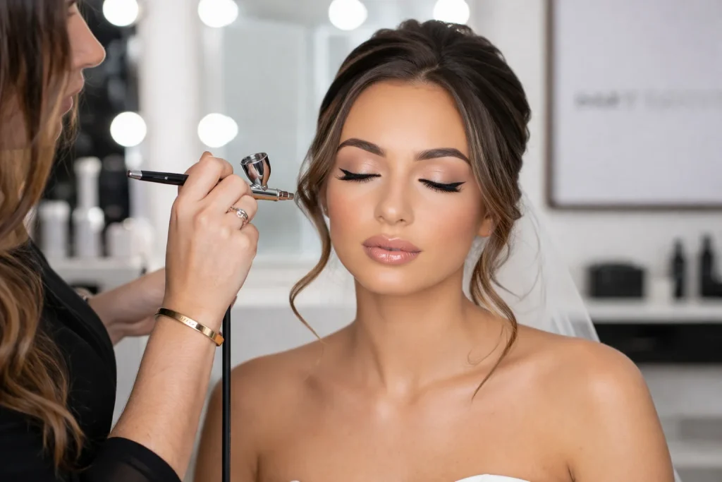 A close-up view of a professional makeup artist using an airbrush gun to apply long-wearing foundation as part of an elaborate types of makeup look for a modern bride, in a brightly lit studio.