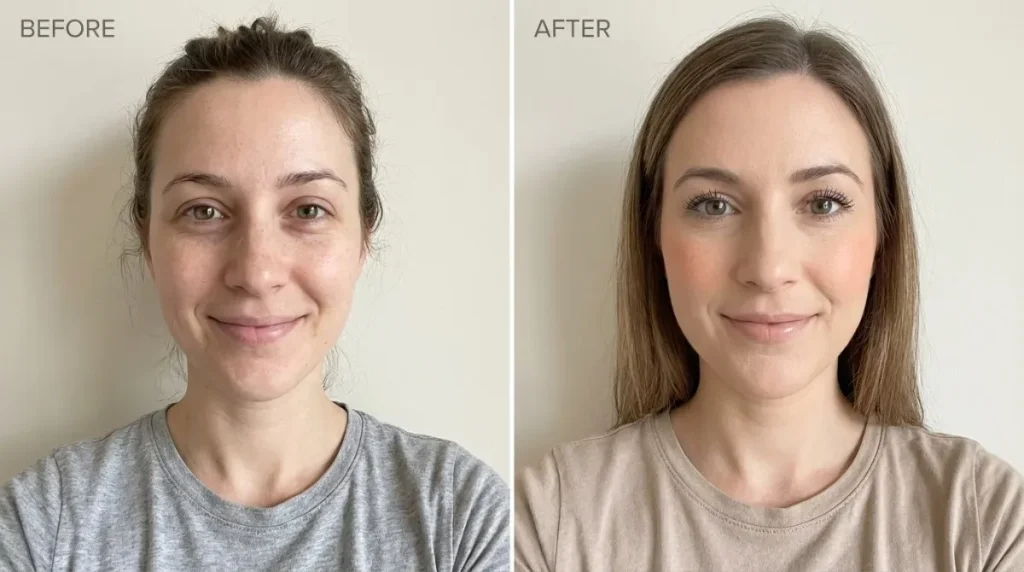 Side-by-side comparison of a woman showing types of makeup used for a light everyday look. Left image is a natural bare face, and the right image is a face with subtle foundation, mascara, and blush.