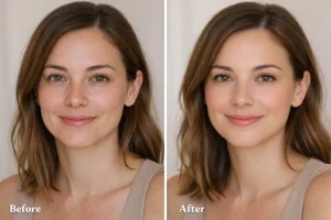 A before and after portrait of a woman demonstrating a types of makeup transformation from a natural face with freckles to a complete natural makeup look.
