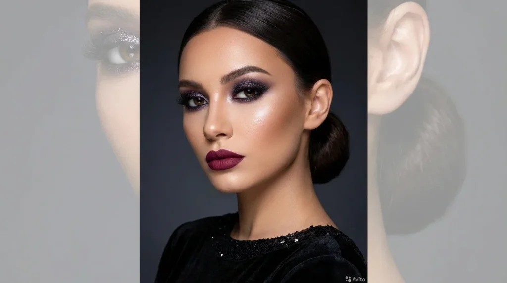A portrait of a woman demonstrating a types of makeup look for evening glam, featuring a dark smoky eye, defined contours, and deep matte berry-plum lips.