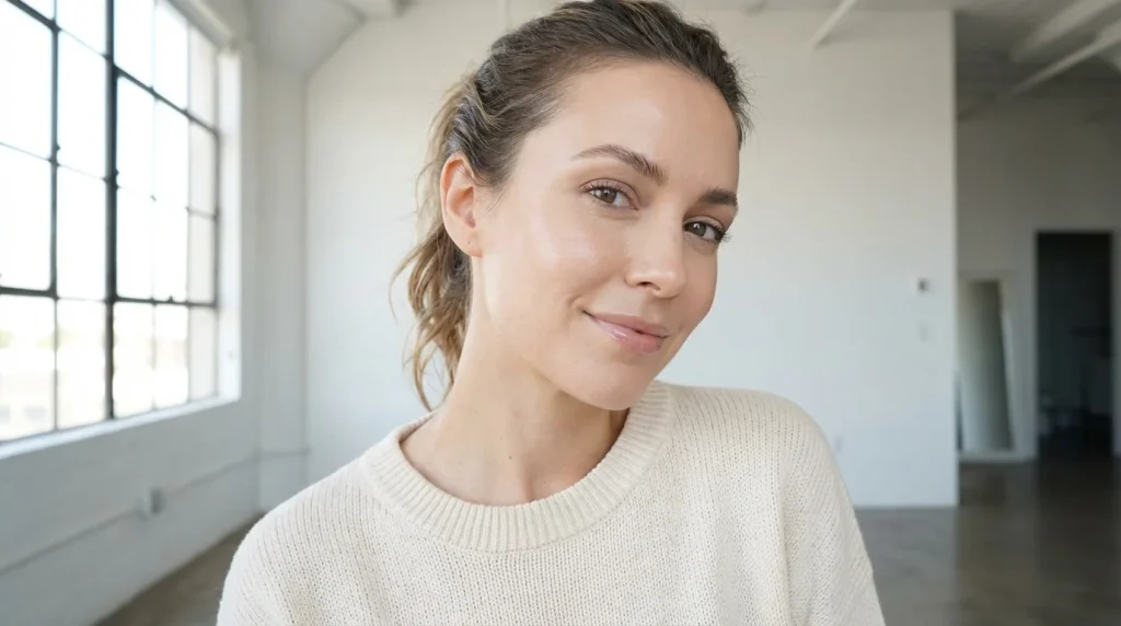 A close-up portrait of a woman with a high ponytail, wearing an off-white knitted sweater, demonstrating a types of makeup style focused on healthy, fresh, and radiant skin, set in a brightly lit loft studio.