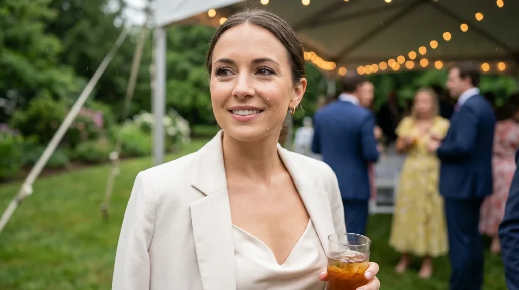 A portrait of a woman at an outdoor garden party wearing a light blazer and holding a drink, demonstrating a types of makeup look focused on fresh, dewy, and resilient finishes suitable for warm weather and all-day wear.