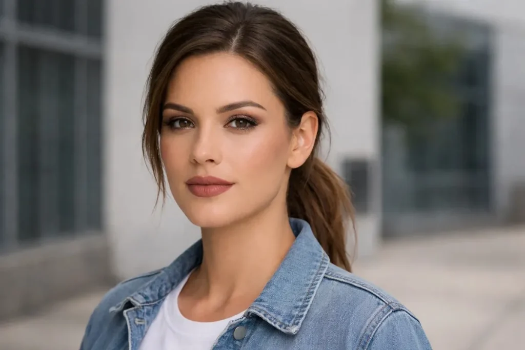 A tutorial portrait of a woman in a denim jacket with three clean, labeled icons below her chin showing a foundation bottle, a contouring brush/palette, and a lipstick, all under the text "Focus on Types of Makeup."