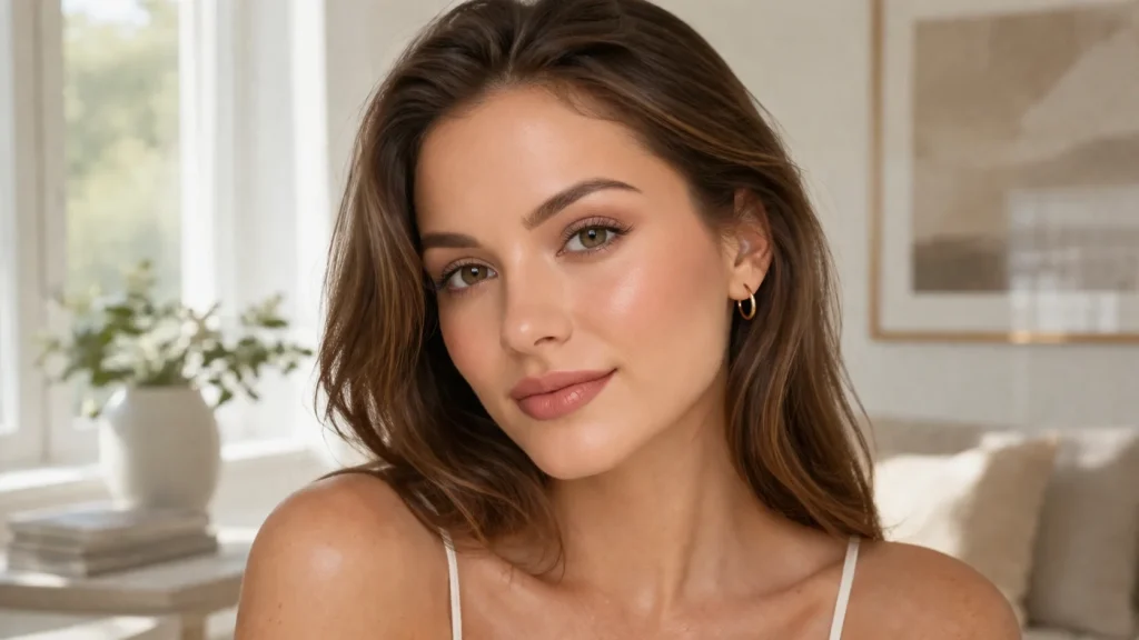 A natural portrait of a woman in a white camisole, showing a minimal barely-there makeup look with dewy skin, defined brows, and nude lips, set in a bright living room.