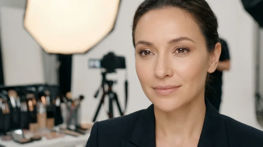 A portrait of a woman in a black blazer, showing types of makeup suitable for on-camera and corporate settings, against a background of a professional studio with cameras and lighting equipment.