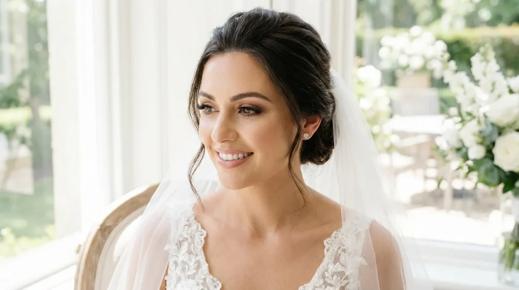 A close-up portrait of a woman in a wedding dress demonstrating a types of makeup look for a classic bride, featuring soft contouring, nude lipstick, and a radiant complexion.