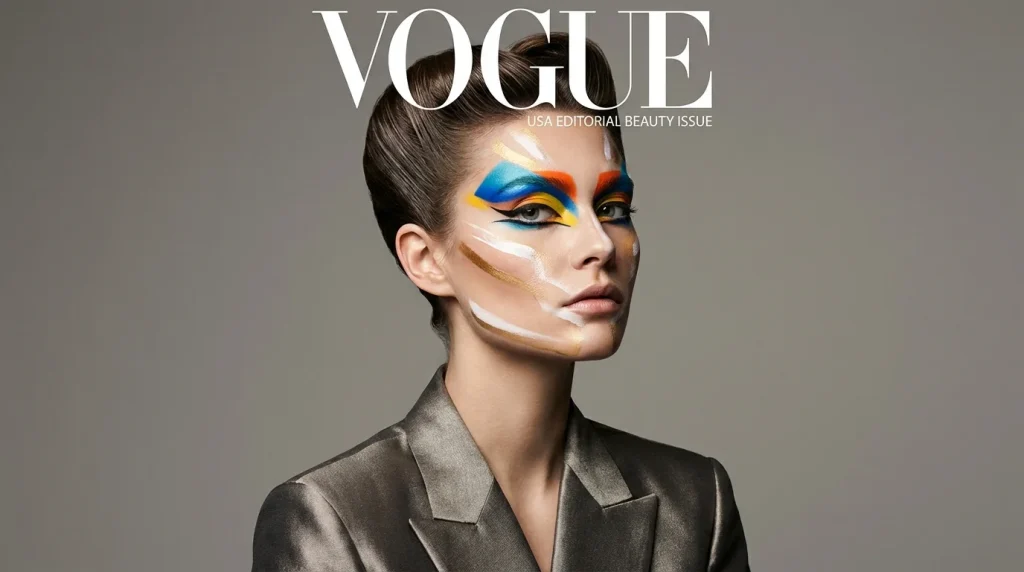 The cover of an "editorial beauty issue" of Vogue magazine, featuring a model with an elaborate avant-garde face art style, using distinct blocks of color in blue, yellow, orange, white, and gold to demonstrate one of the many dramatic and creative types of makeup expression.