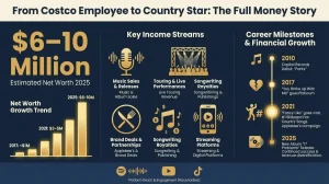 An infographic titled 'From Costco Employee to Country Star: The Full Money Story' showing Walker Hayes net worth of $6–10 million in 2025. It includes a growth trend chart from 2017 to 2025 and lists income streams like music sales, touring, brand deals with Applebee's, and songwriting royalties.