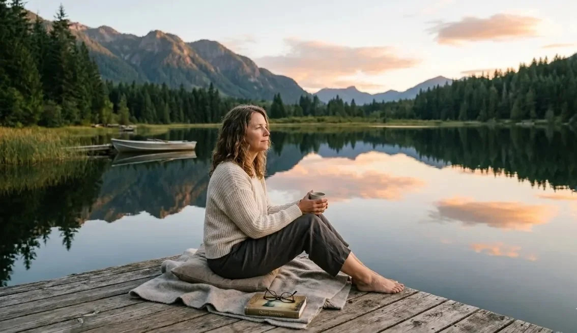 A middle-aged woman sitting peacefully on a wooden dock by a calm mountain lake at sunset, holding a cup and reflecting, used to symbolize the private and serene life of Jeanette Adair Bradshaw.
