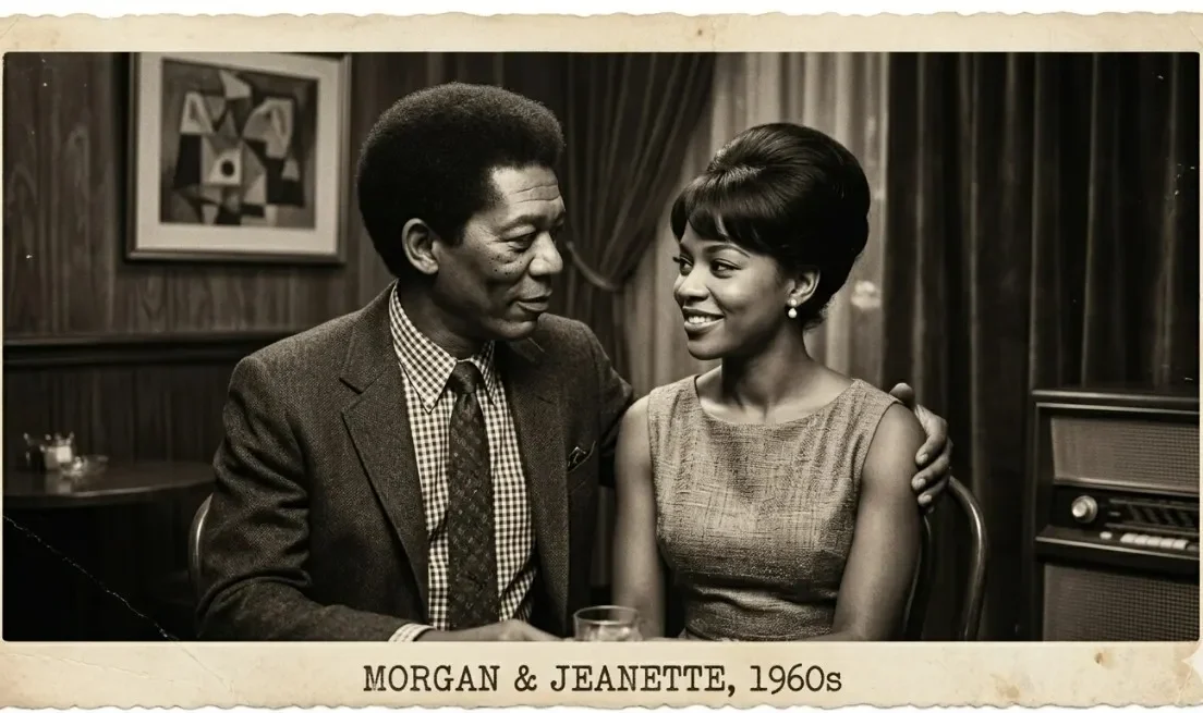 A vintage-style black and white photograph captioned "MORGAN & JEANETTE, 1960s" showing a young Jeanette Adair Bradshaw and Morgan Freeman sitting together and smiling.