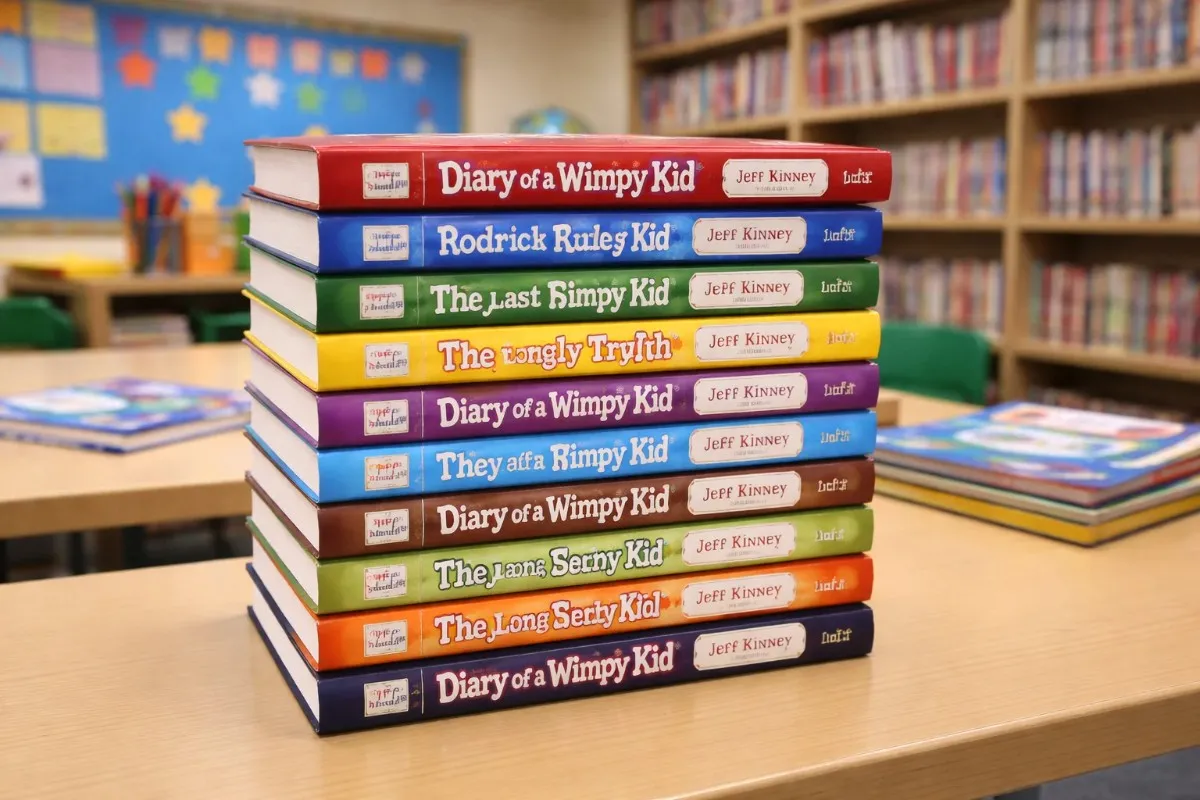 A tall stack of Diary of a Wimpy Kid books by Jeff Kinney arranged on a school desk in a library, symbolizing the massive commercial success and global reach of the series.