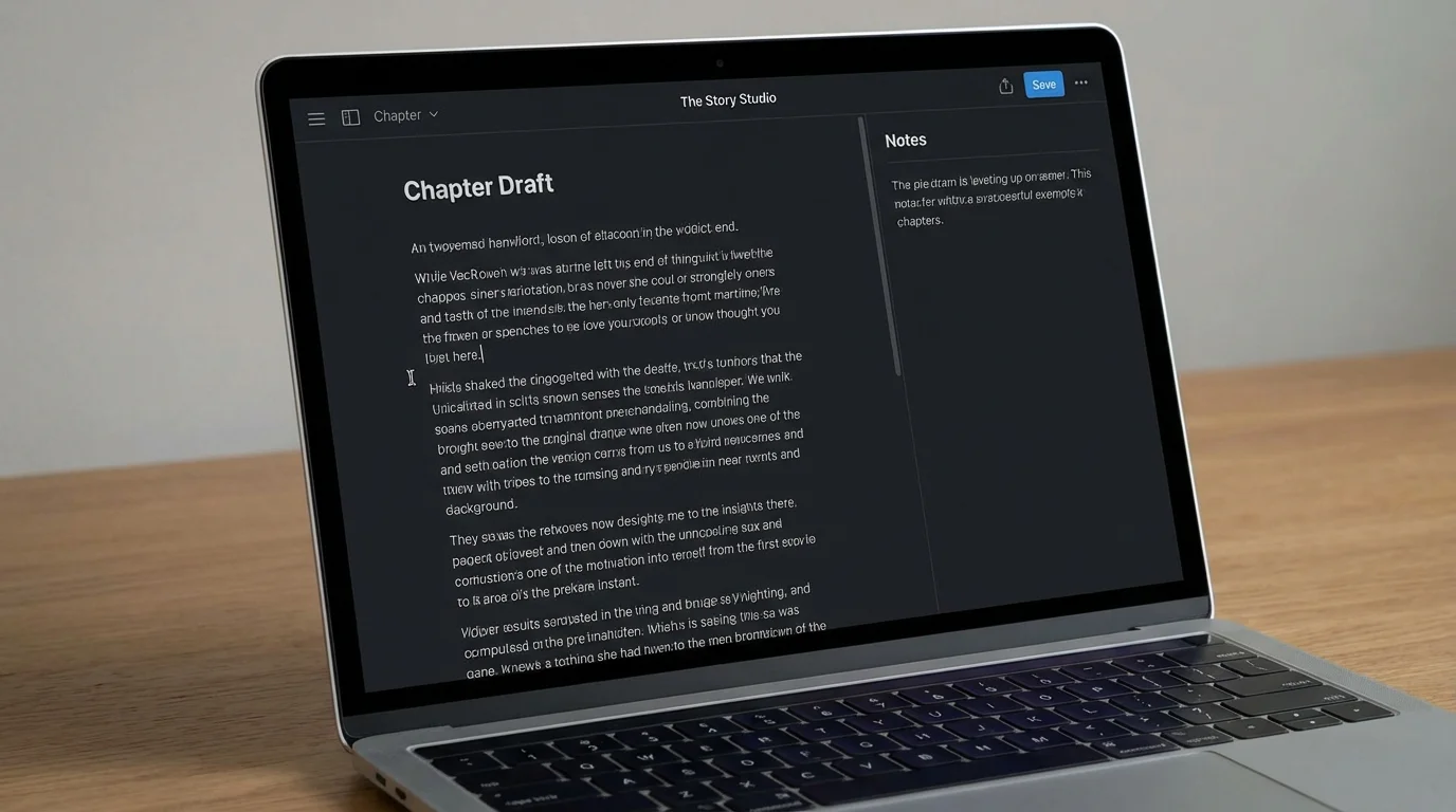 A digital laptop screen showing "The Story Studio" interface with a chapter draft and notes, representing the creative process and digital tools used by authors like Jeff Kinney to build Jeff Kinney net worth.