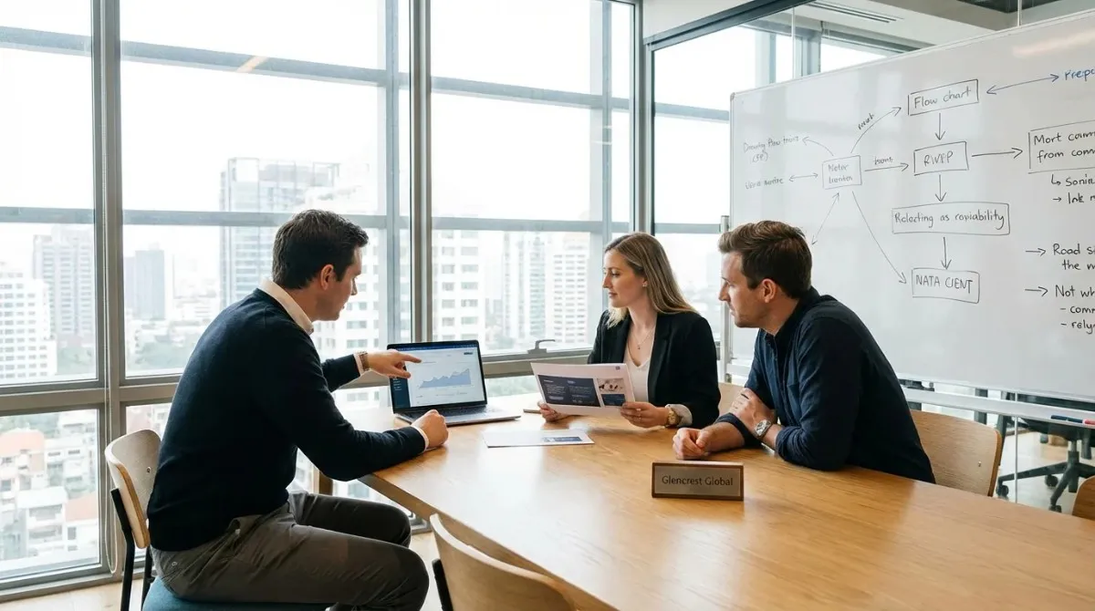 A professional business meeting at Glencrest Global, featuring three associates reviewing financial growth of John Cerasani Net Worth charts on a laptop in a modern high-rise office with a whiteboard full of strategic flowcharts.