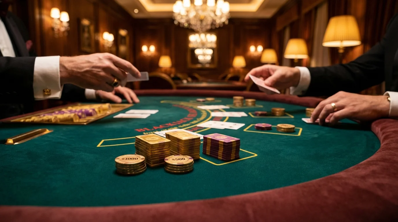 A high-limit casino lounge with luxury velvet chairs and a blackjack table, reflecting the high-stakes lifestyle of entrepreneur and venture capitalist John Cerasani Net Worth.