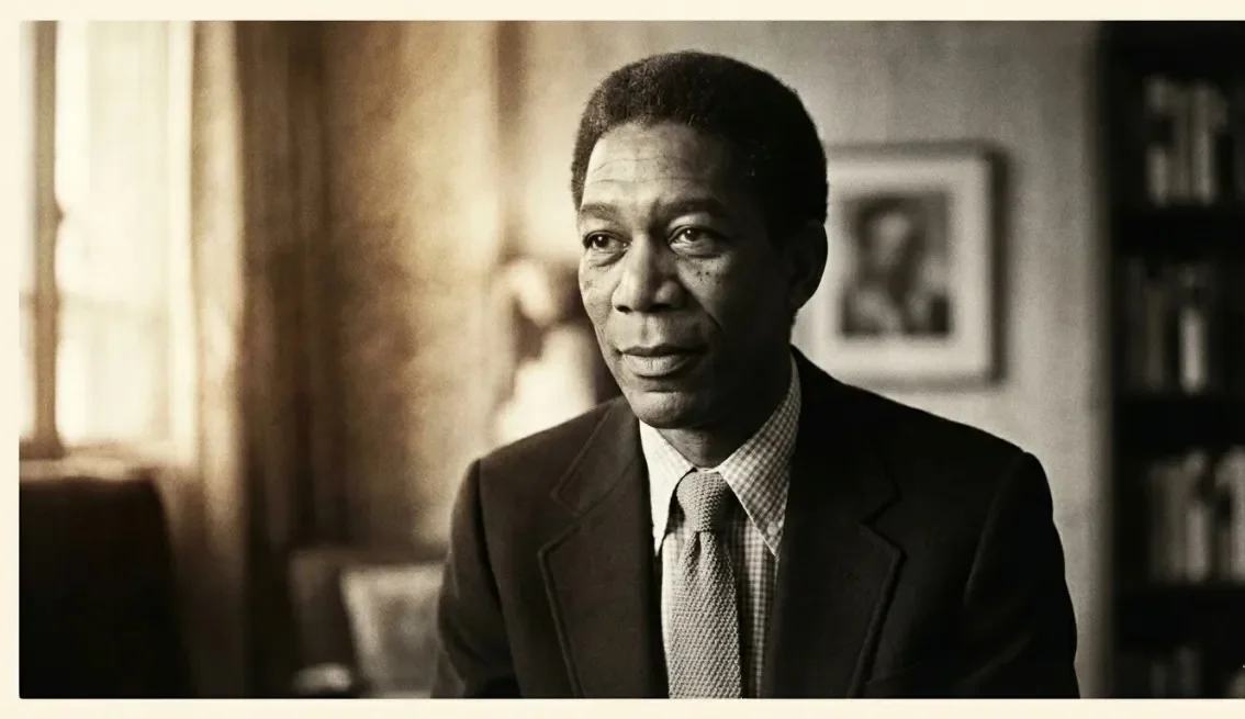 A classic, sepia-toned portrait of a young Morgan Freeman in a suit and tie, providing historical context for the life of his first wife, Jeanette Adair Bradshaw.
