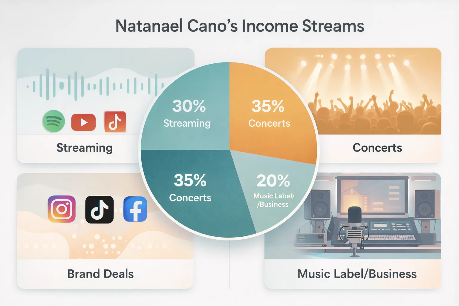 An infographic titled "Natanael Cano net worth" featuring a pie chart that breaks down his earnings: 35% from concerts, 30% from streaming (Spotify, YouTube, TikTok), 20% from his music label and business ventures, and 15% from brand deals.