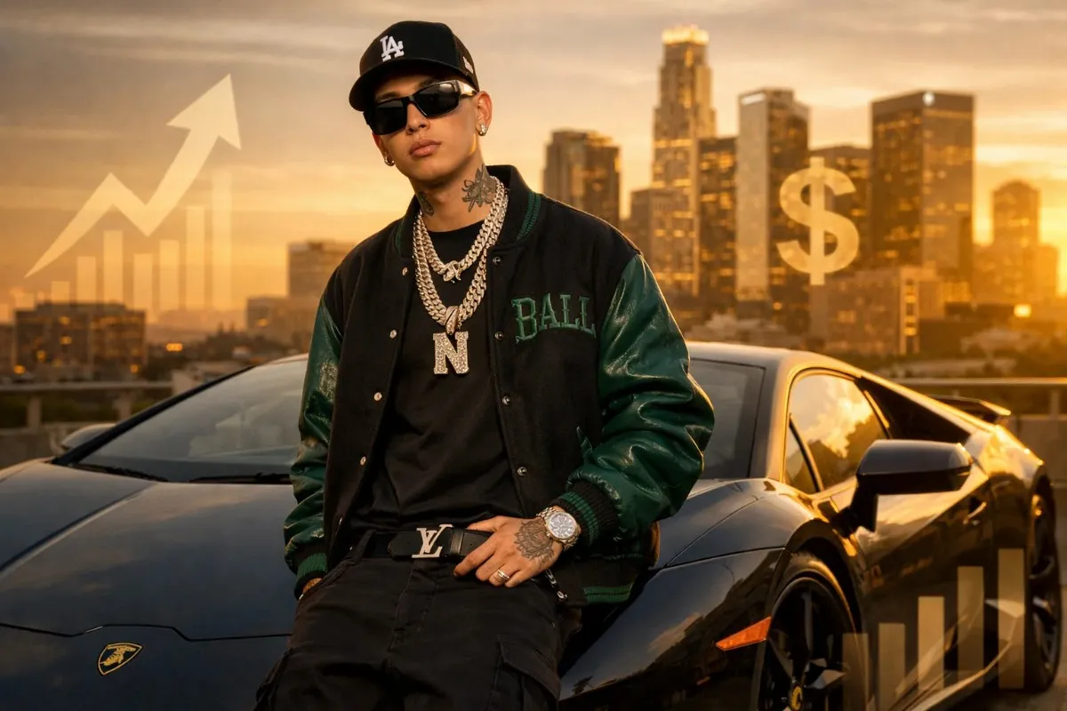 A digital illustration of Natanael Cano leaning against a black luxury sports car with a city skyline at sunset, featuring gold overlays of a rising growth chart and a dollar sign to represent his Natanael Cano net worth.