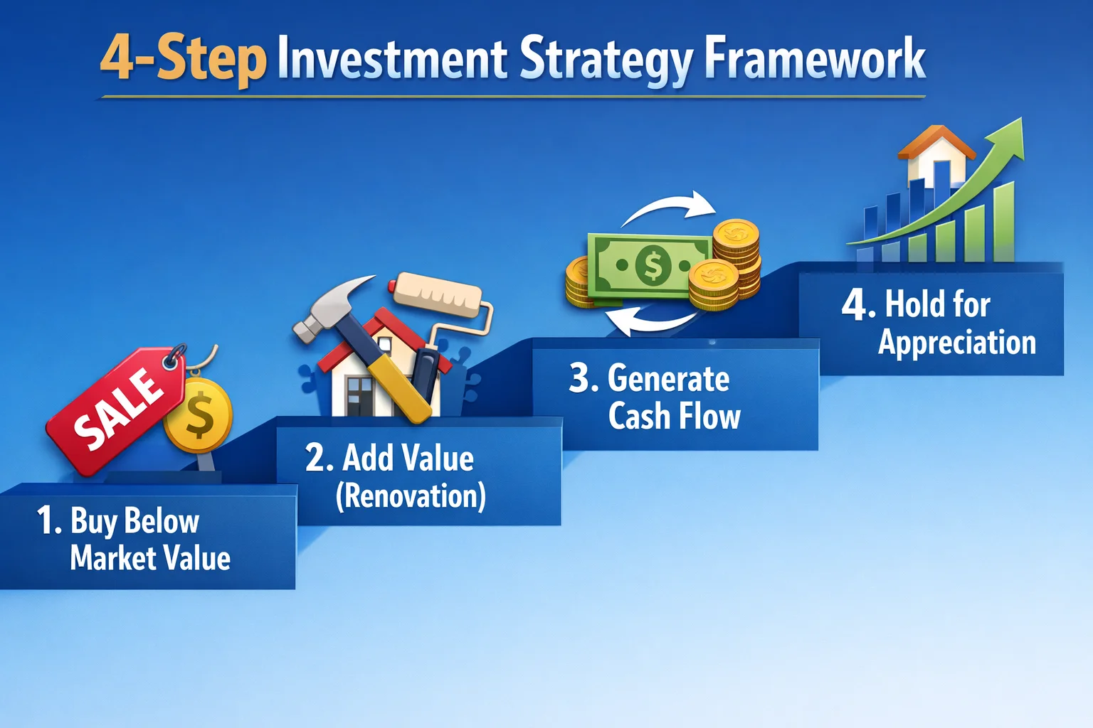 An infographic titled "4-Step Investment Strategy Framework" illustrating the progression from buying property below market value, adding value through renovations, generating cash flow, and holding for long-term appreciation of Pedro Vaz Paulo Real Estate Investment. 